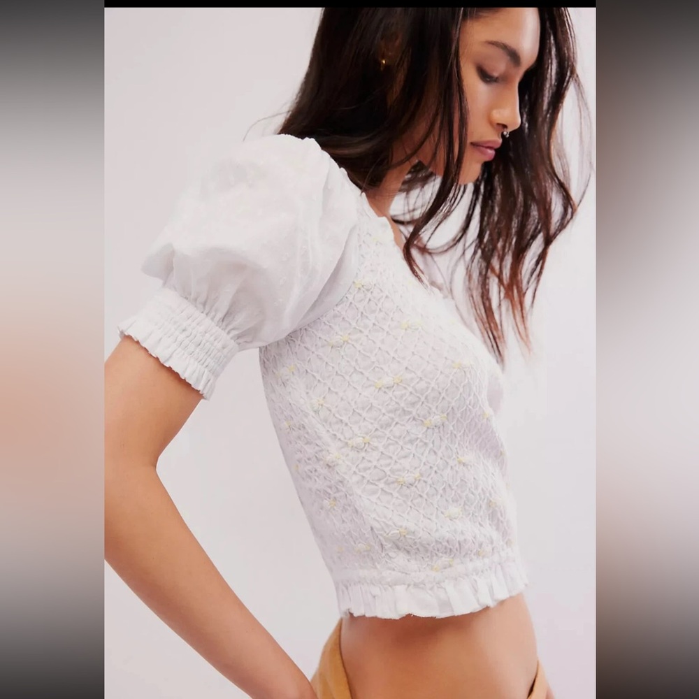 NWT Free People Cecilia Puffy Sleeve Smocked Embroidered Rosette Top Size XS